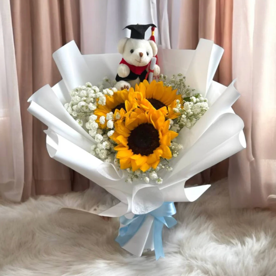 3 Sunflower & Baby’s Breath with Grad Bear_0