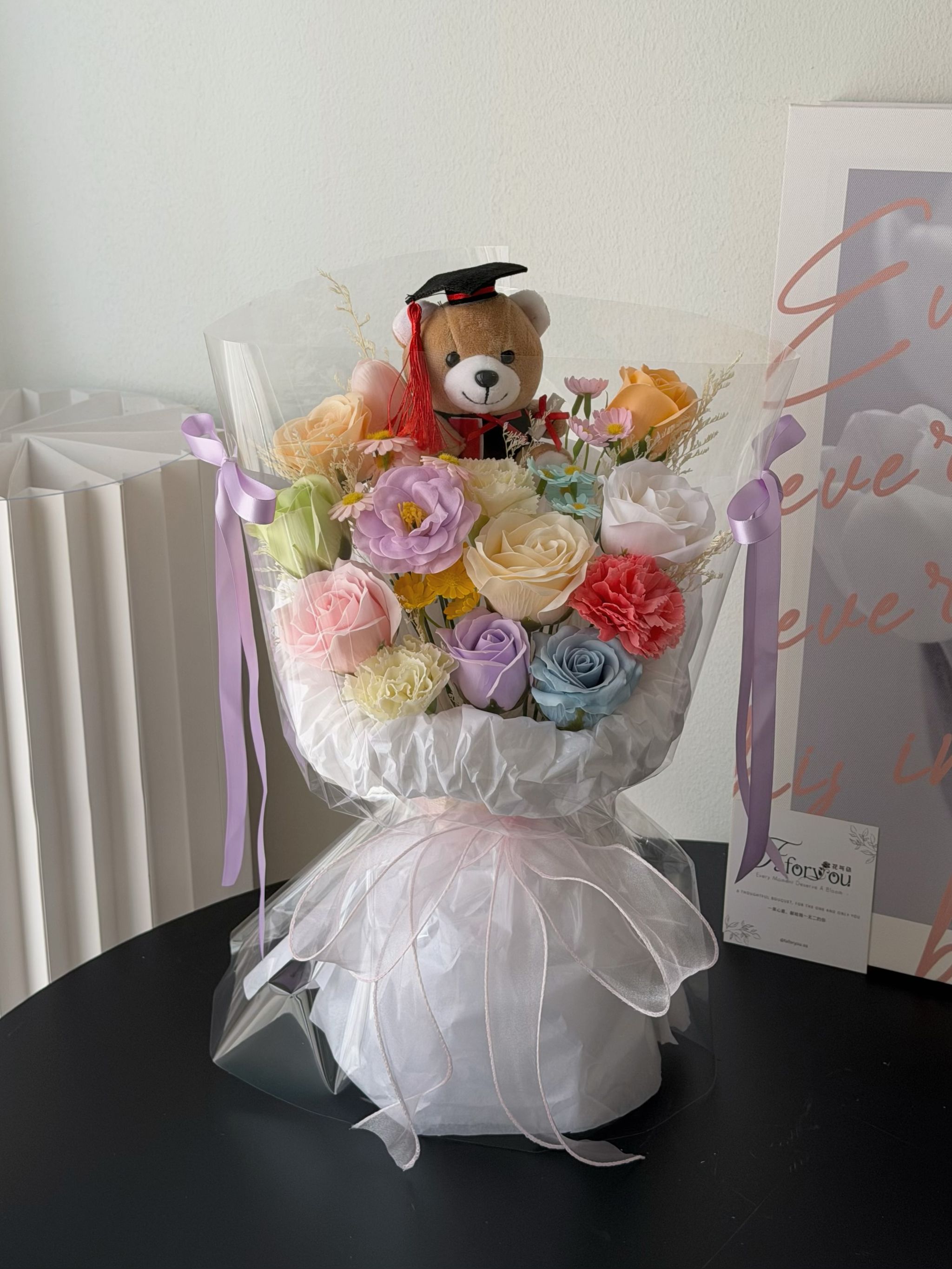 (GB041) Graduation Bear Soap Flower Transparent Bouquet _0