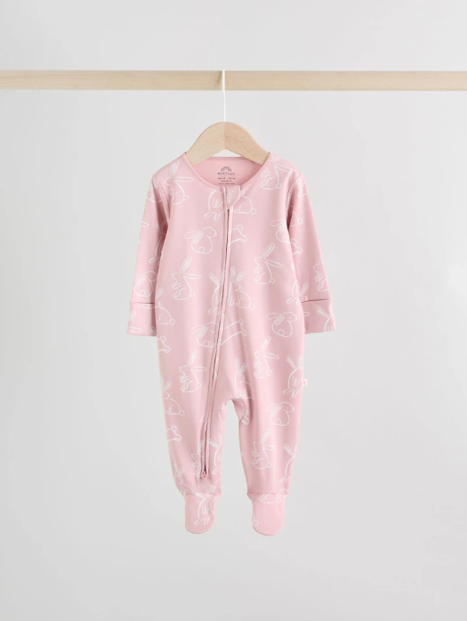 Pink Bunny Two Way Zip Baby Sleepsuits 3 Pack | Next_2