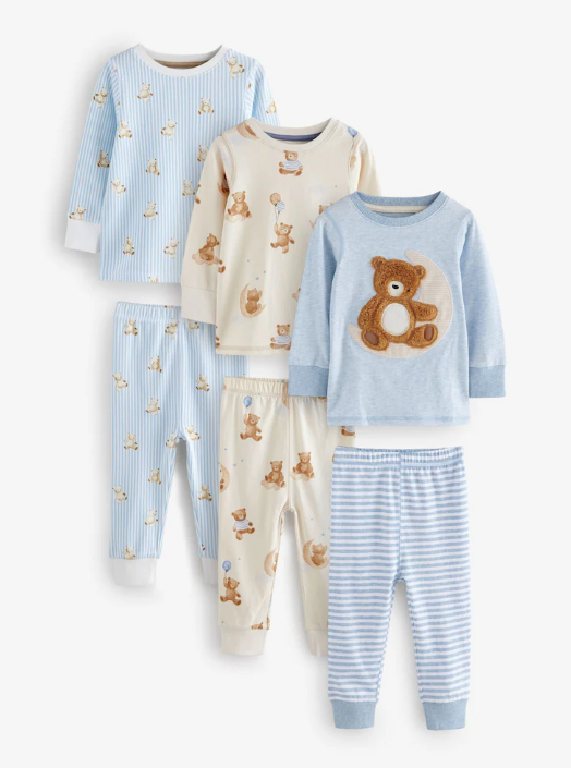 Blue/Ecru Baby Bear Snuggle Pyjamas 3 Pack | Next_0