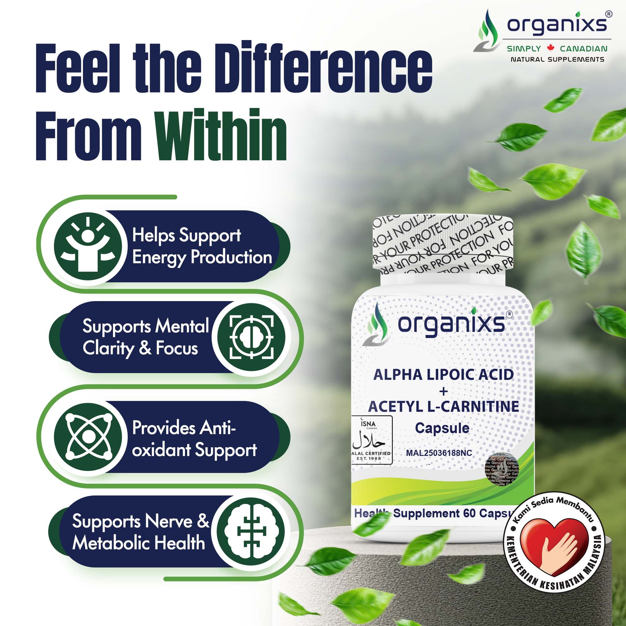 [CND] Organixs Alpha Lipoic Acid 225mg + Acetyl L-Carnitine 525mg (ALCAR) Brain Health Supplement | Halal | Plant-Based | 60 Capsules_5