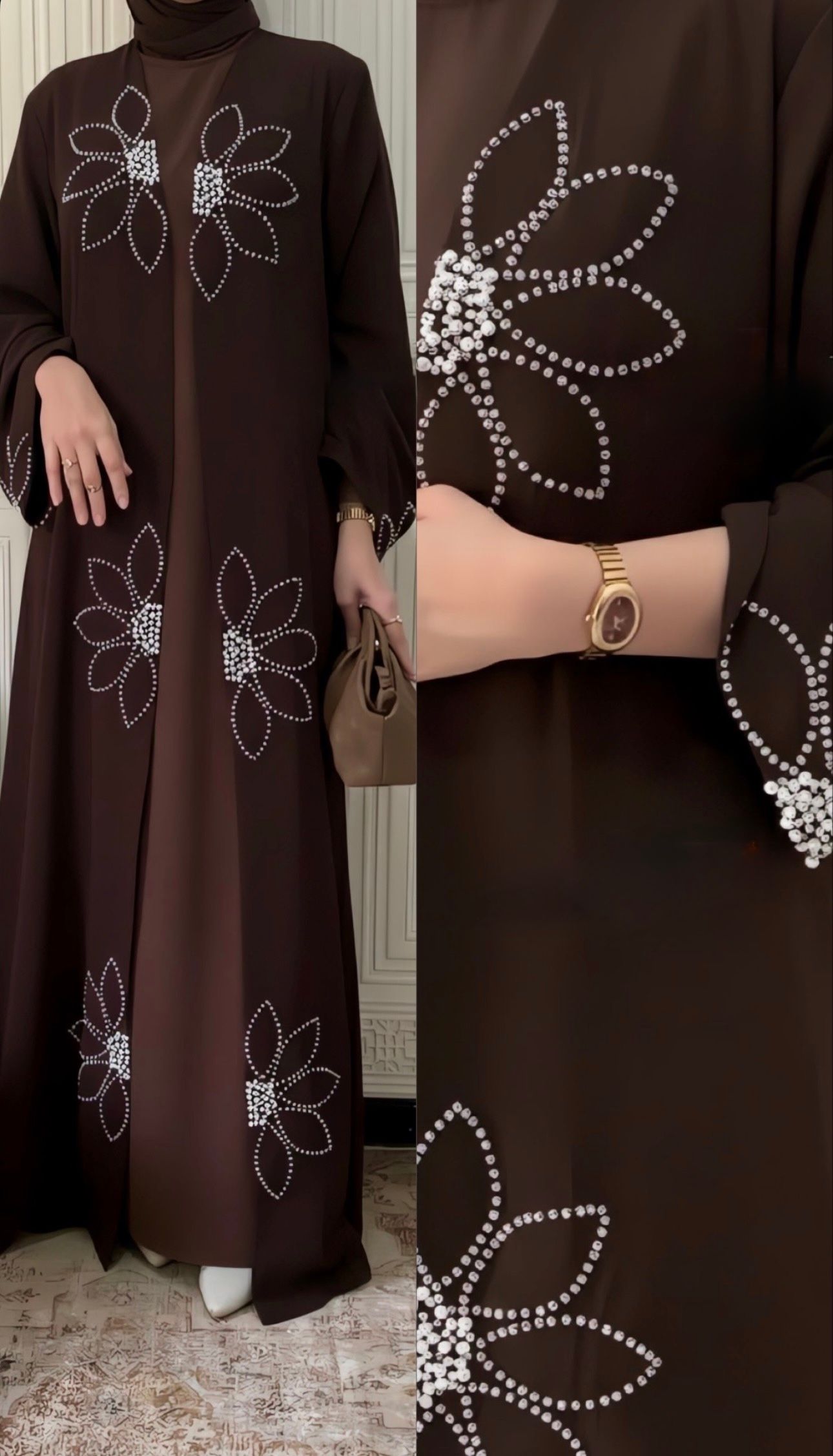 Espresso Crystal Bloom Abaya Brown_0