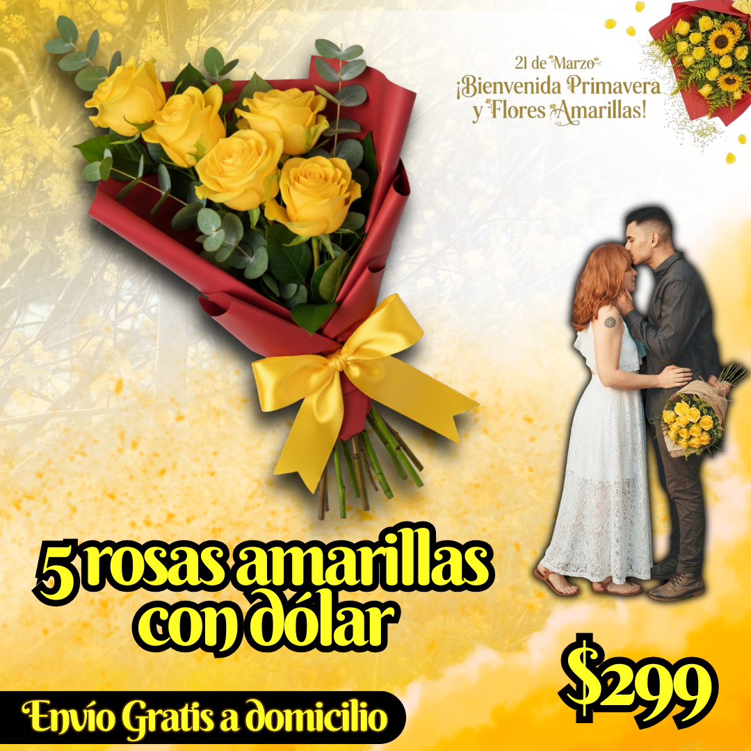 5 rosas amarillas con dólar_0