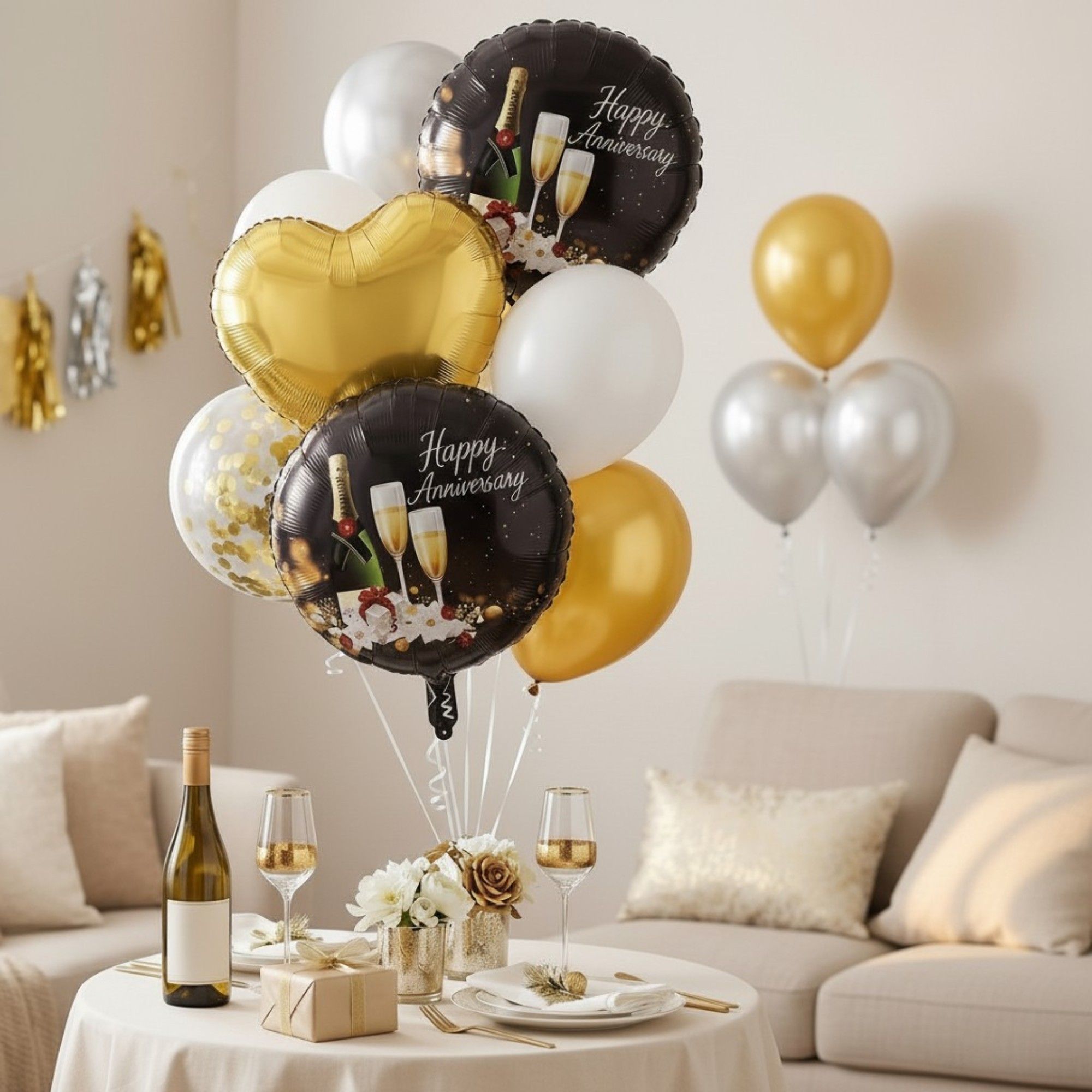 Happy Anniversary Balloon Decoration Kit - 8 Piece Golden Silver White with Images on Balloon Bouquet with Sequin, Round Foil & Printed Anniversary Balloons_0