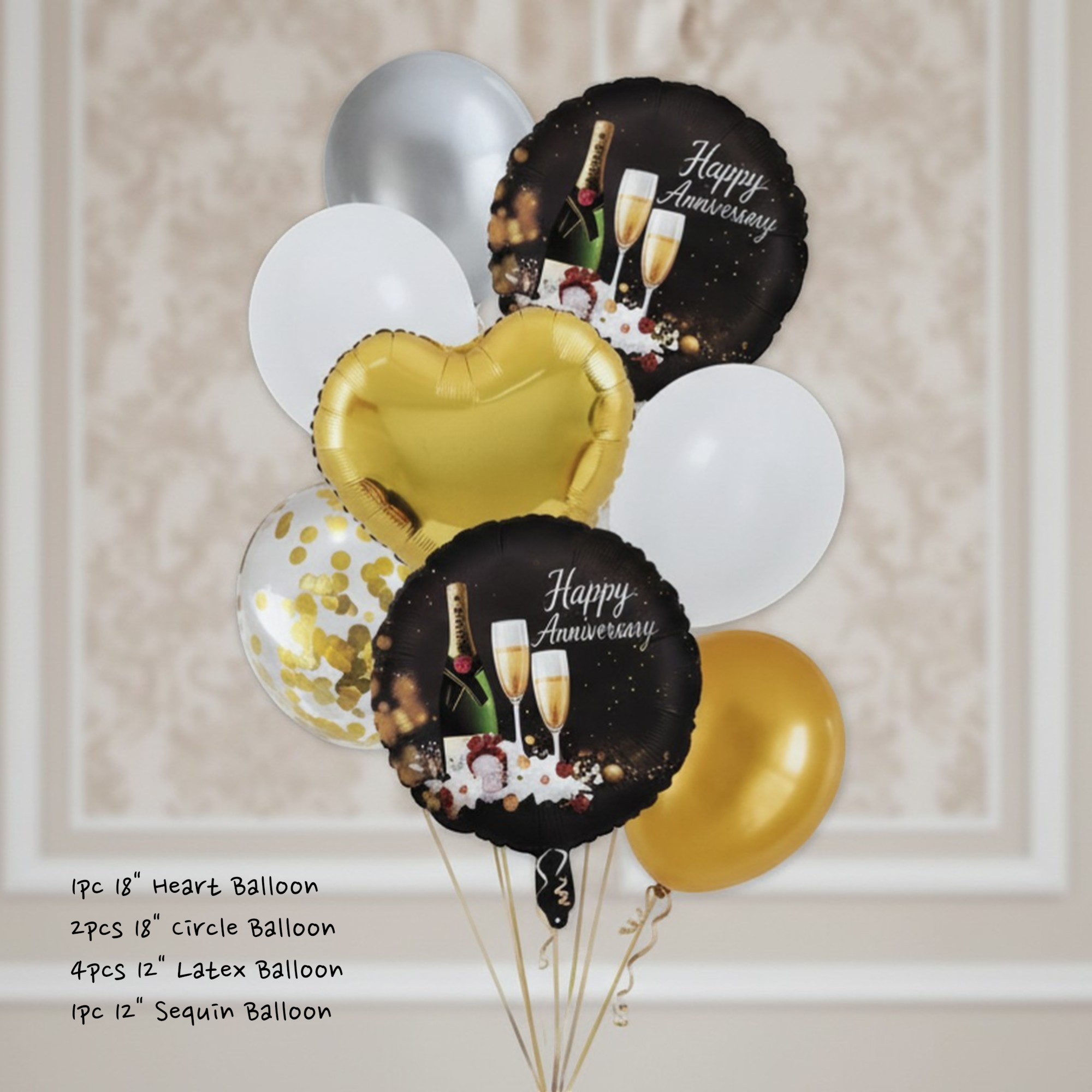 Happy Anniversary Balloon Decoration Kit - 8 Piece Golden Silver White with Images on Balloon Bouquet with Sequin, Round Foil & Printed Anniversary Balloons_2