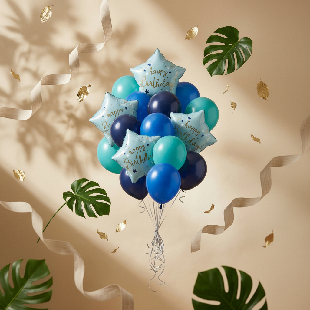 Happy Birthday Balloon Decoration 16pcs Kit - 4pcs 18" Star Foil Balloons & 12pcs 12" Blue & Teal Latex Balloons - Premium Helium/Air Grade Party Bouquet_0