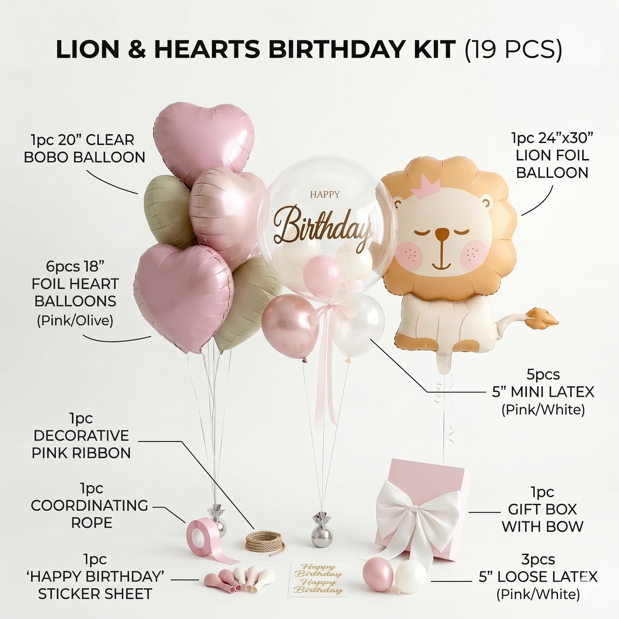 Birthday Decoration Kit - 19pcs Set with 30" Giant Lion Foil Balloon, 20" Bobo Balloon &18" Pastel Heart Balloons - Complete DIY Birthday Decor for Kids, Boys & Girls_1