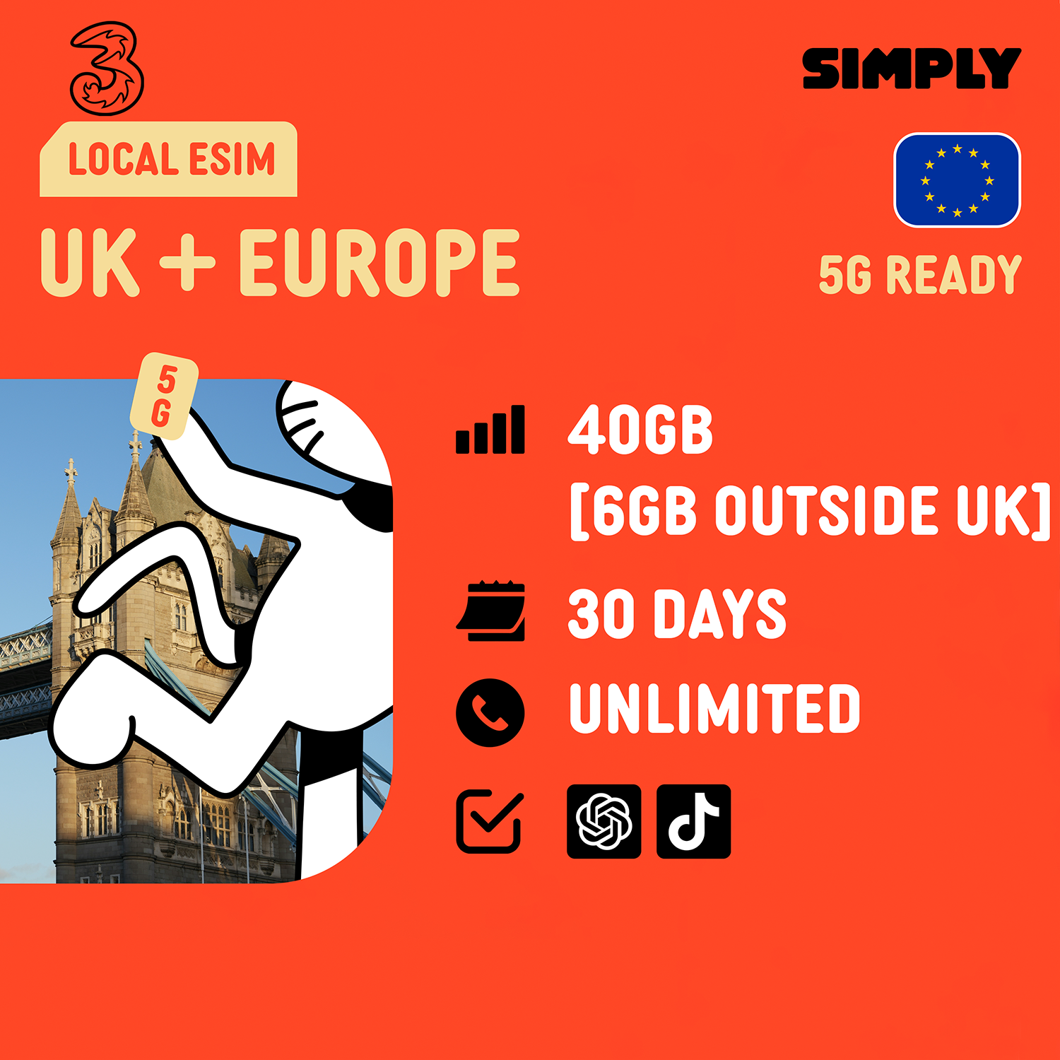 SIMPLY UK + Europe (3UK) Local eSIM | 30 Days - 40GB/100GB/200GB/Unlimited + UK Calls/SMS Up to 3000 Mins_2