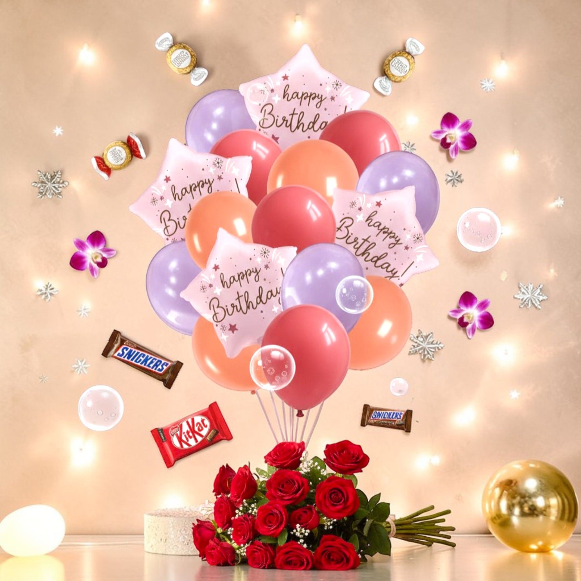 Happy Birthday Balloon Bouquet Peach Set - 4 Premium 18" Star Foil Balloons & 12 Durable Latex Balloons (Red, Orange, Violet) - Professional Party Decoration Kit for Kids & Adults 16pcs _3
