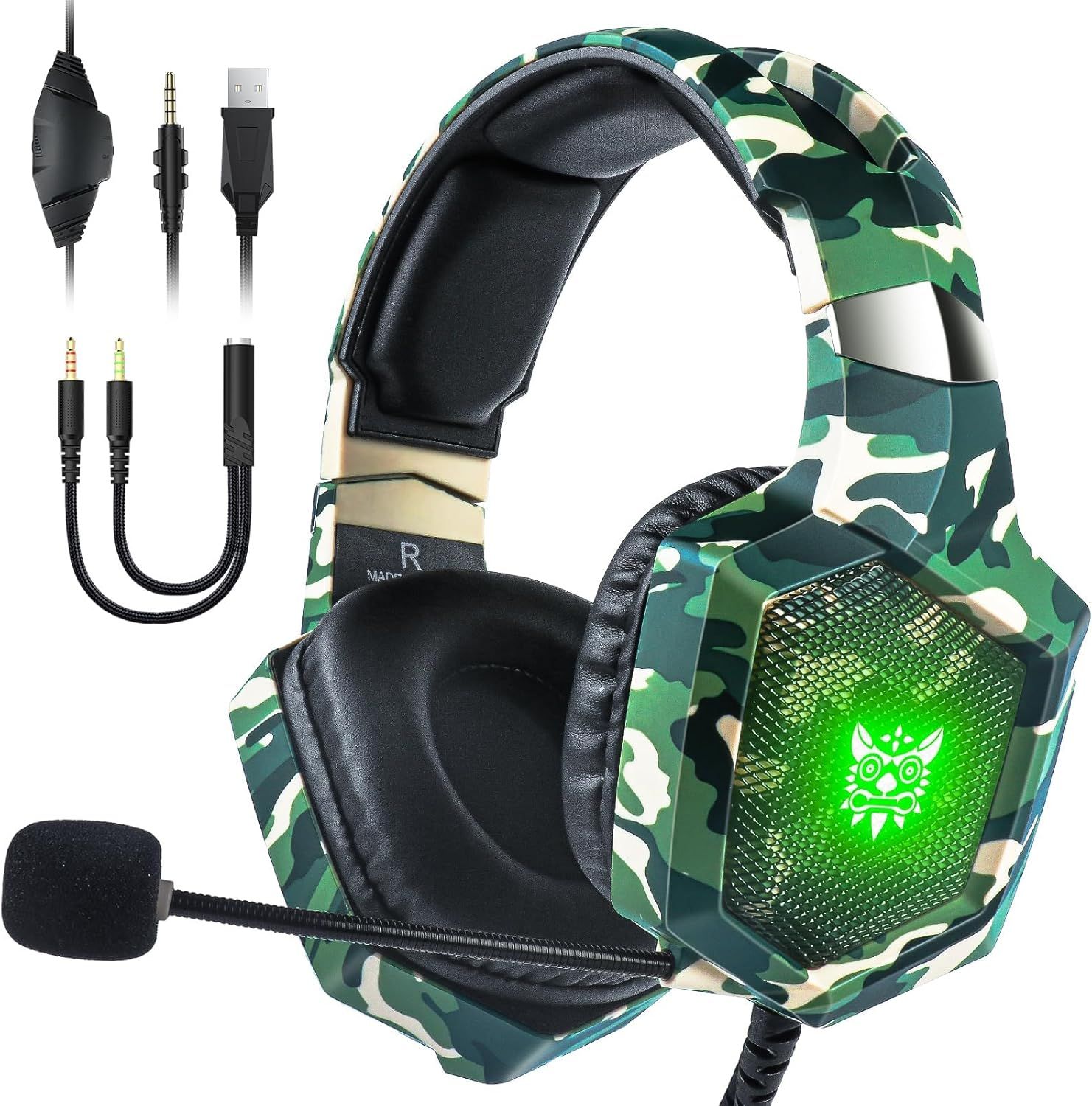 Fone de ouvido gamer FH Onikuma K8 com microfone, luzes de LED, som surround 7.1 com redução de ruído para PS4, PS5, Xbox One e PC - Verde Camuflado_0