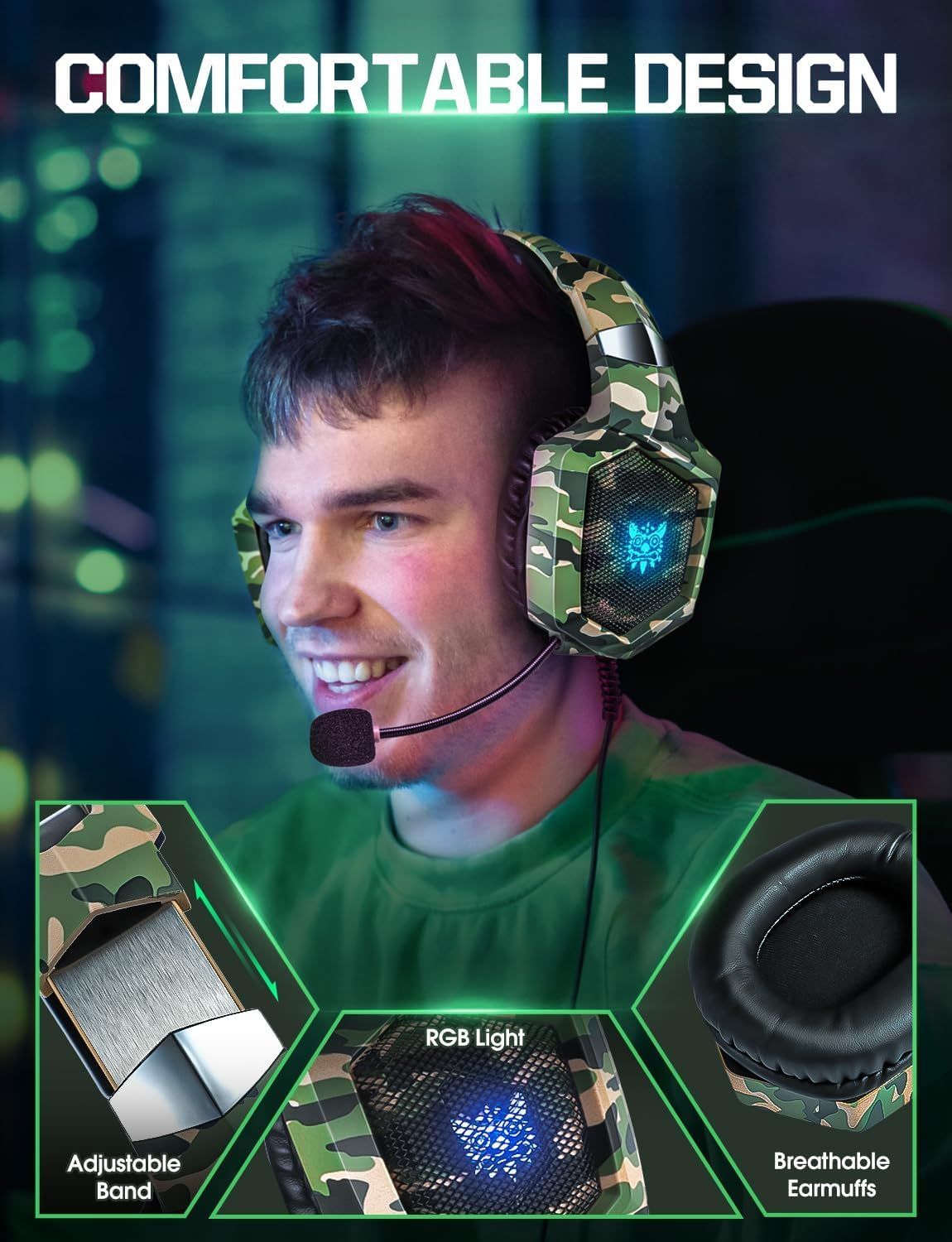 Fone de ouvido gamer FH Onikuma K8 com microfone, luzes de LED, som surround 7.1 com redução de ruído para PS4, PS5, Xbox One e PC - Verde Camuflado_3