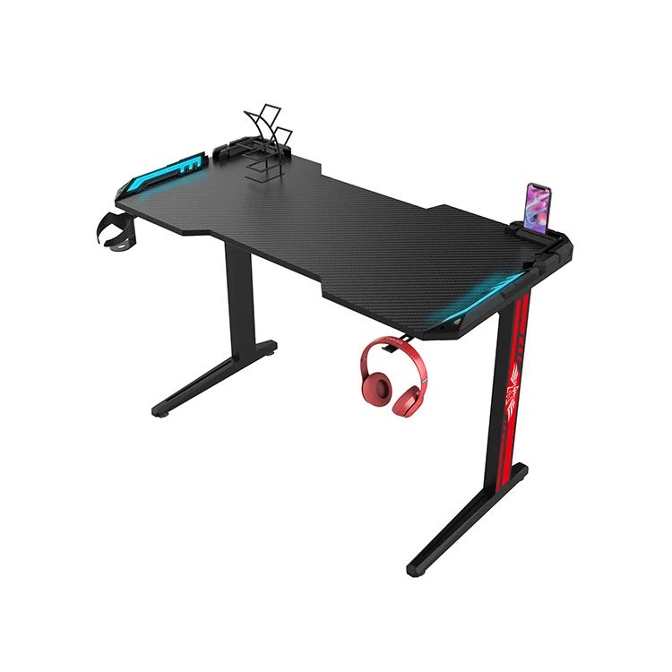 Mesa Gamer em Formato de Z com Suporte para Copos e Gancho para Fones de Ouvido, Mesa Ergonômica para Computador/Escritório Doméstico, Mesa Gamer Moderna com Iluminação LED RGB (140x60x73cm)_0
