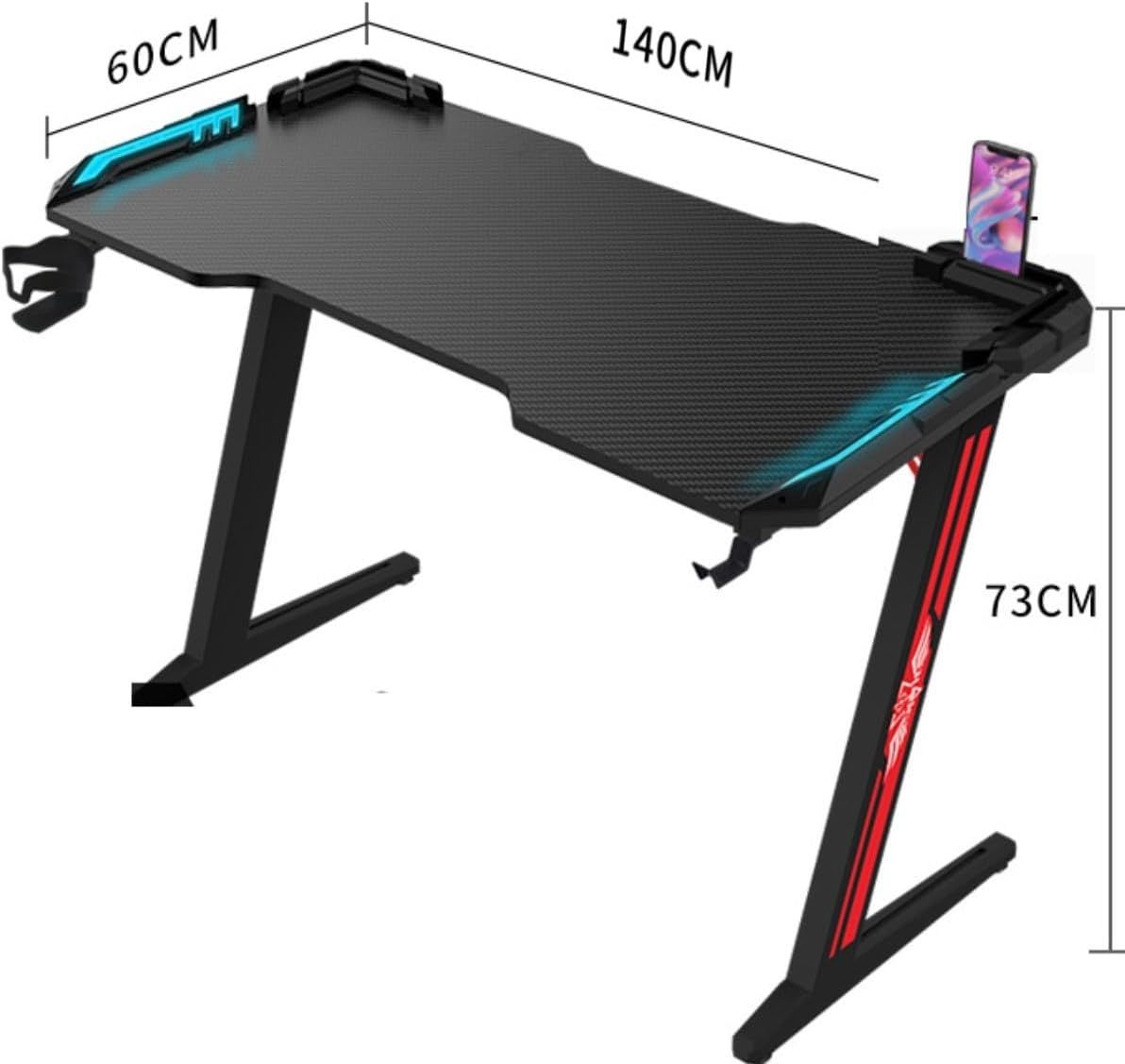 Mesa Gamer em Formato de Z com Suporte para Copos e Gancho para Fones de Ouvido, Mesa Ergonômica para Computador/Escritório Doméstico, Mesa Gamer Moderna com Iluminação LED RGB (140x60x73cm)_2