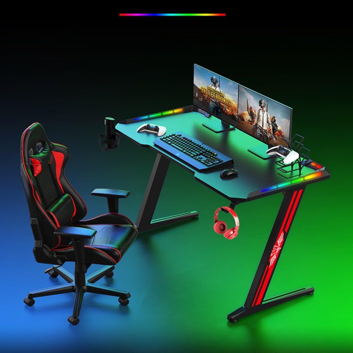 Mesa Gamer em Formato de Z com Suporte para Copos e Gancho para Fones de Ouvido, Mesa Ergonômica para Computador/Escritório Doméstico, Mesa Gamer Moderna com Iluminação LED RGB (140x60x73cm)_1