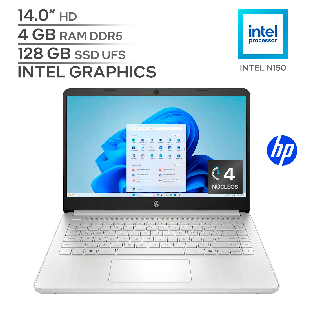 HP 14 DQ6011DX / INTEL N150 13Va Generación / RAM 4 GB DDR5 / SSD 128 GB UFS / 14.0" HD / WINDOWS 11_0