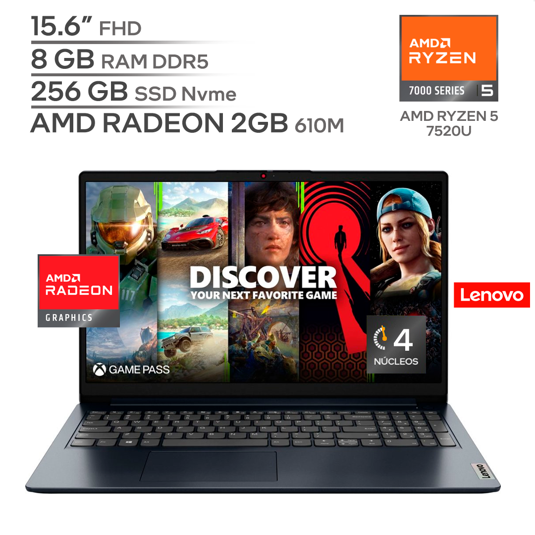 LENOVO IDEAPAD 1 15AMN7 / AMD RYZEN 5 7520U / RAM 8 GB DDR5 / SSD 256 GB Nvme / 15.6" FHD 1080P / WINDOWS 11_0