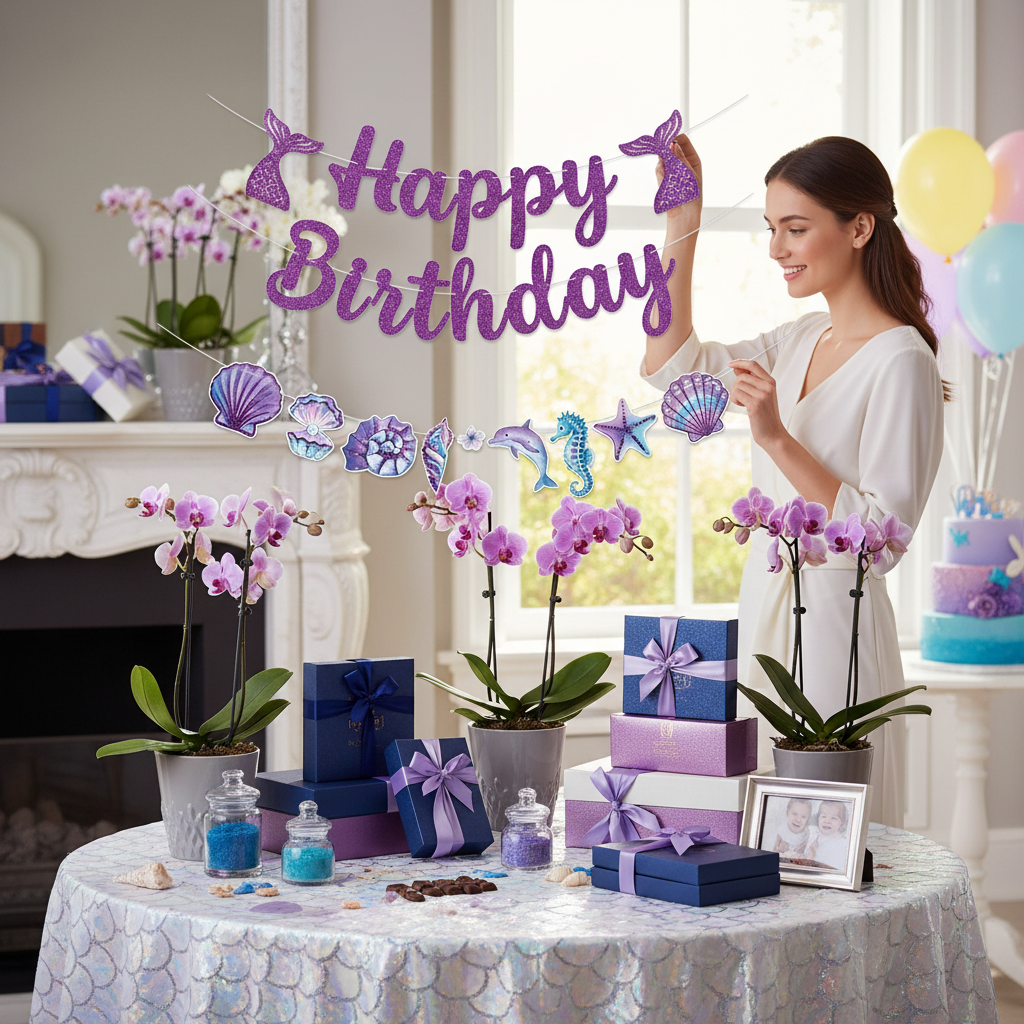 Happy Birthday Backdrop–Purple Glitter Mermaid Tails, Seahorse, & Seashell Cutouts_2