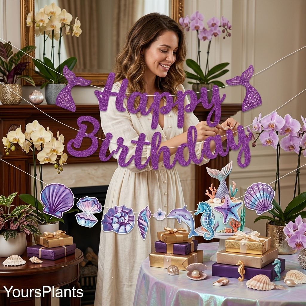 Happy Birthday Backdrop–Purple Glitter Mermaid Tails, Seahorse, & Seashell Cutouts_0