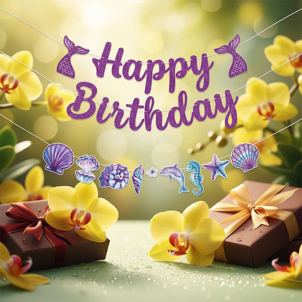 Happy Birthday Backdrop–Purple Glitter Mermaid Tails, Seahorse, & Seashell Cutouts_4