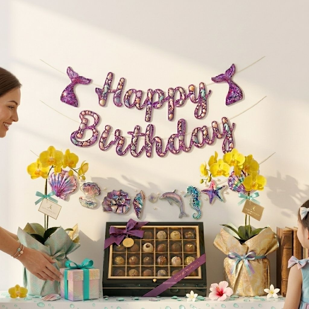 Happy Birthday Backdrop–Purple Glitter Mermaid Tails, Seahorse, & Seashell Cutouts_3