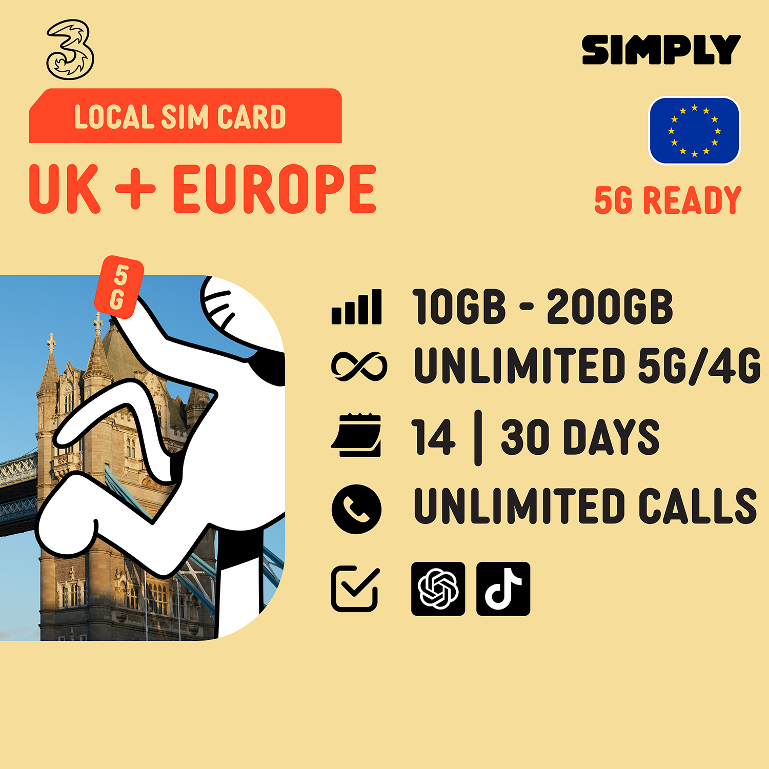 SIMPLY UK + Europe (3UK) Local SIM | 30 Days - 10GB/100GB/200GB/Unlimited + UK Calls/SMS Up to 3000 Mins_0