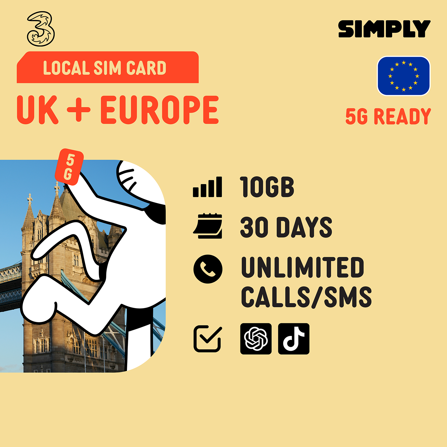 SIMPLY UK + Europe (3UK) Local SIM | 30 Days - 10GB/100GB/200GB/Unlimited + UK Calls/SMS Up to 3000 Mins_5