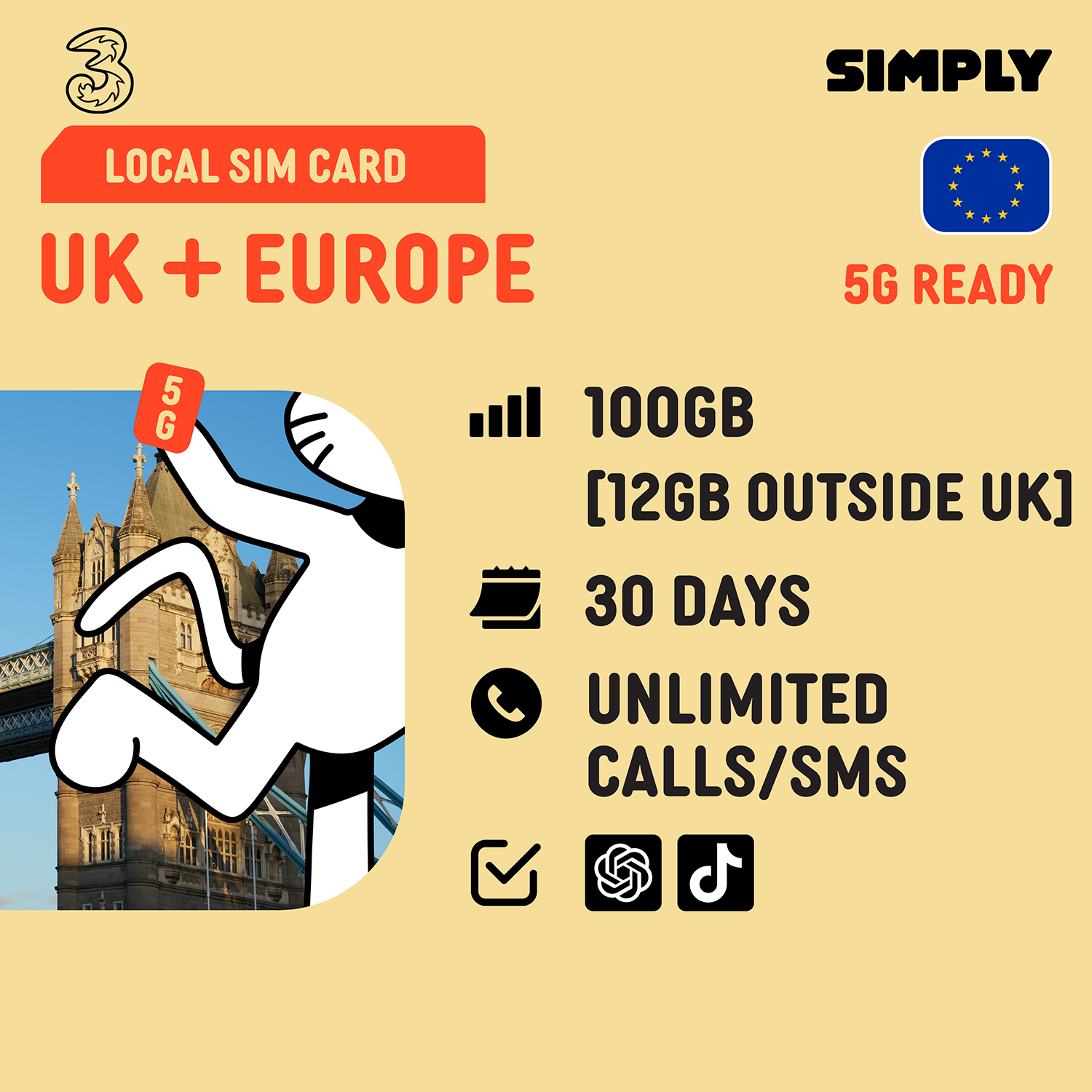 SIMPLY UK + Europe (3UK) Local SIM | 30 Days - 10GB/100GB/200GB/Unlimited + UK Calls/SMS Up to 3000 Mins_6