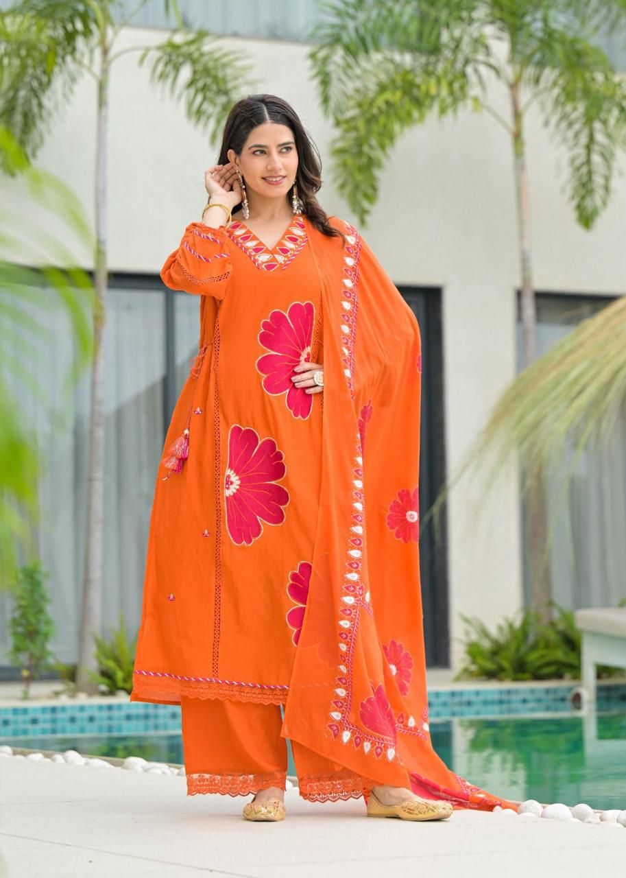 Orange Pure Cotton Kurta Set with Bold Applique Work _1