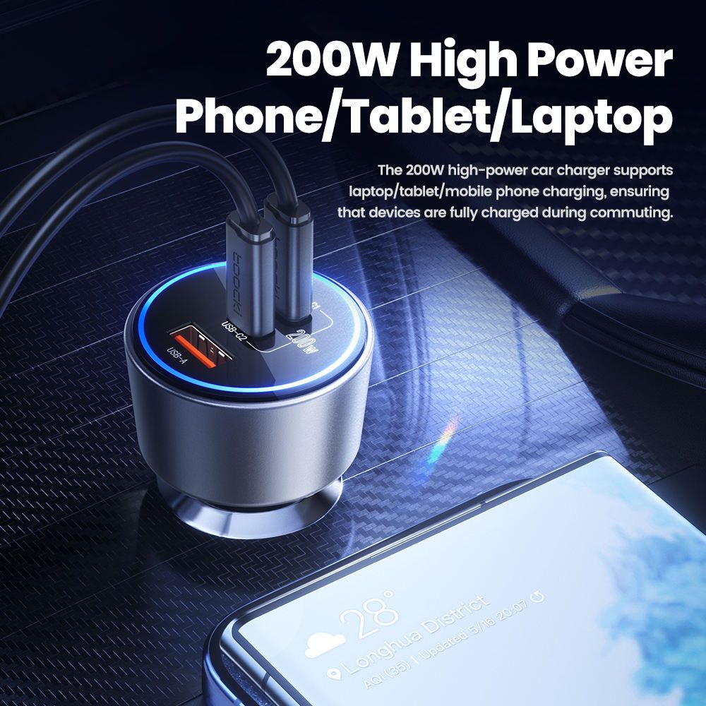 Toocki 200W Max Car Charger 3 Ports 2USB-C 1USB-A with LED Display_2