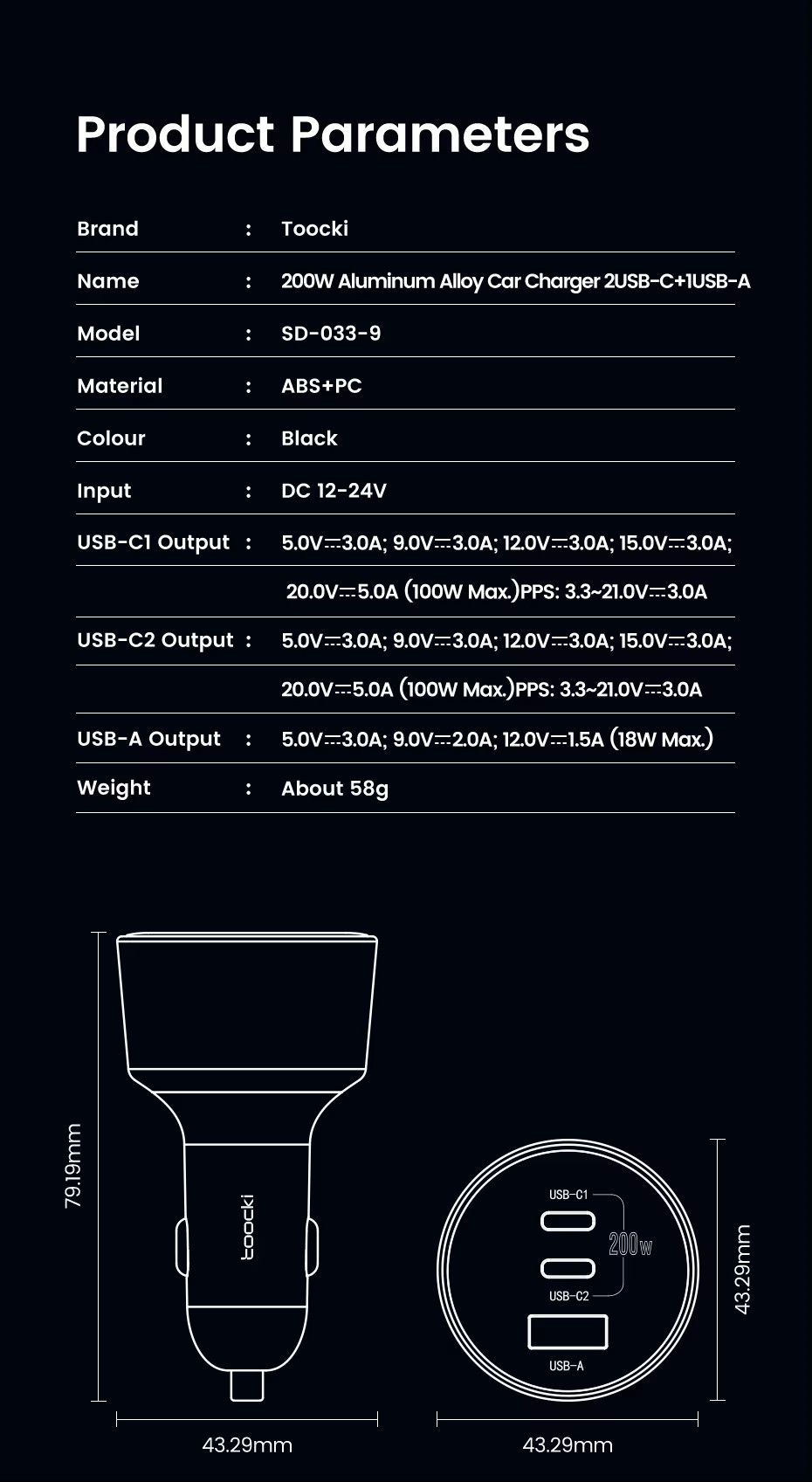 Toocki 200W Max Car Charger 3 Ports 2USB-C 1USB-A with LED Display_4
