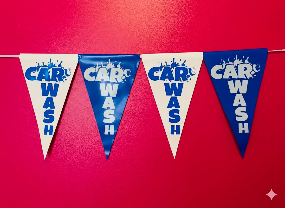 Banderines azul y blanco impresión CAR WASH _1