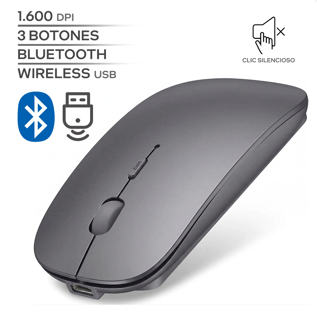 RODCAZ / 1600 DPI / 3 BOTONES / WIRELESS USB / BLUETOOTH / INALAMBRICO / RECARGABLE / GRIS_0