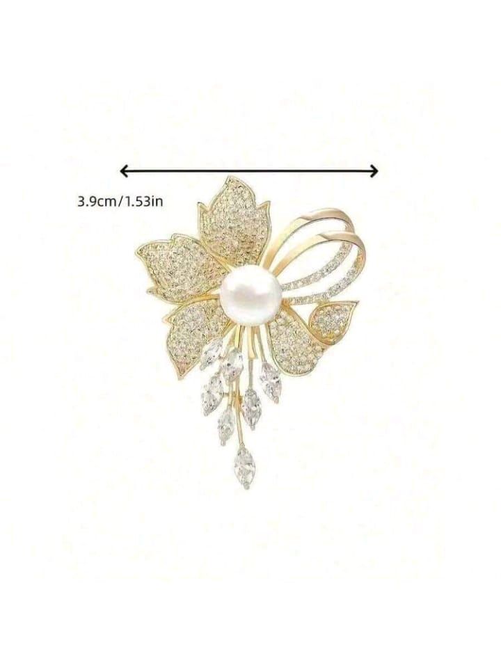Broche fleur de prestige – Perle nacrée & cristaux scintillants_5