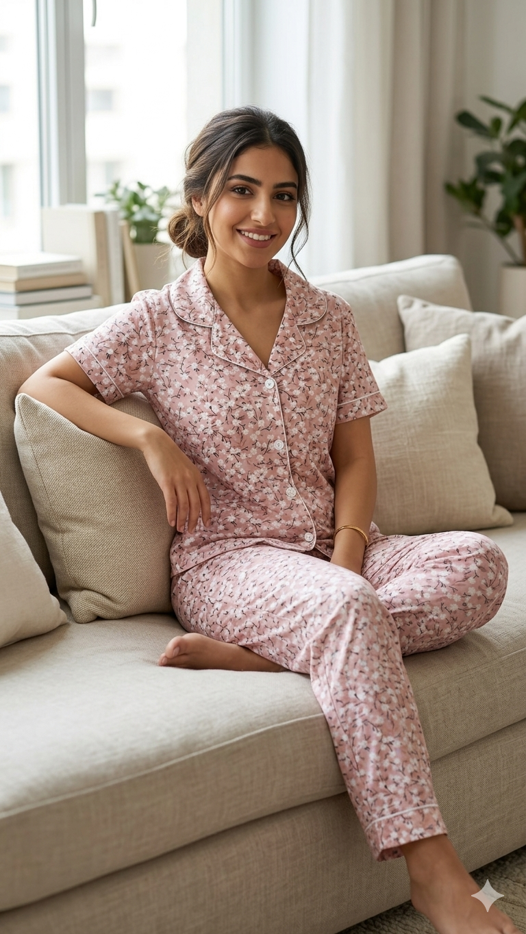 Pink flowers short sleeves pajama set_0
