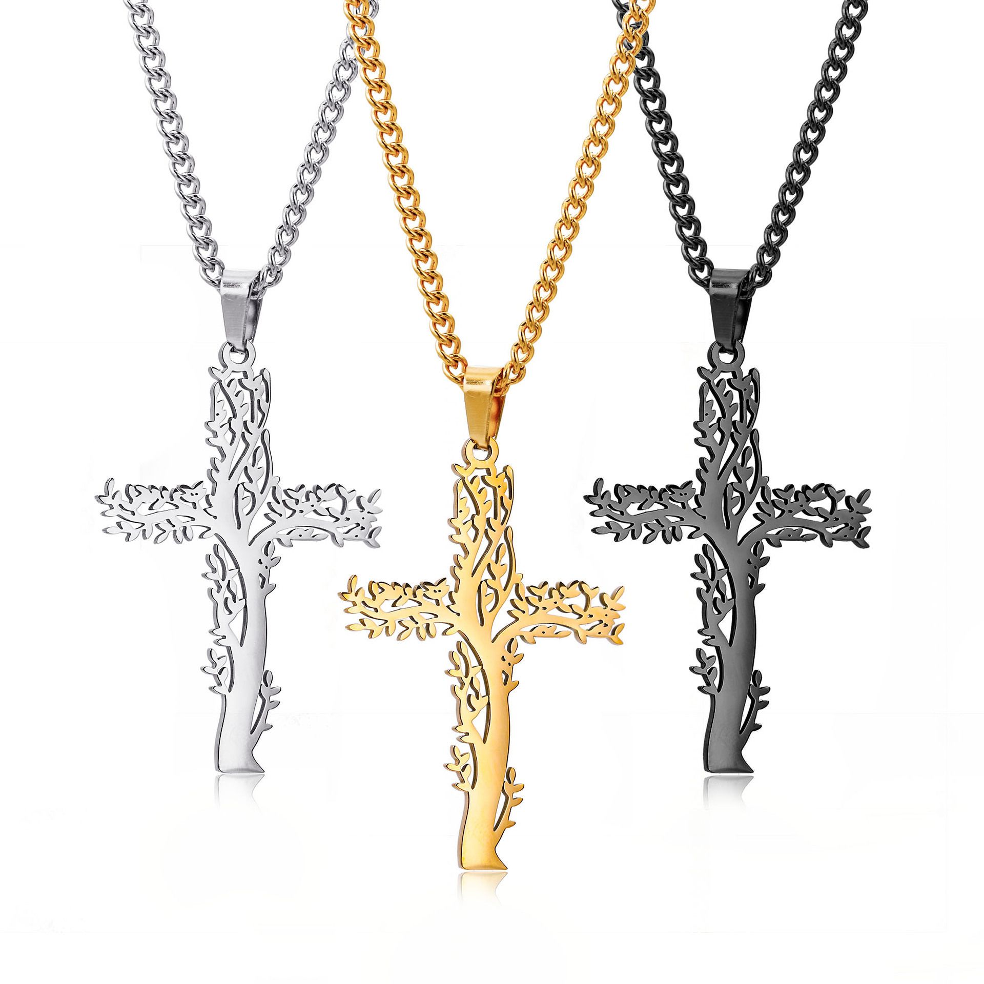 Collier Croix en Acier Inoxydable pour Femme et Homme, Plaqué Or et Noir, Géométrique Creux, Style Hip Hop, Bijoux Religieux pour Couples_3