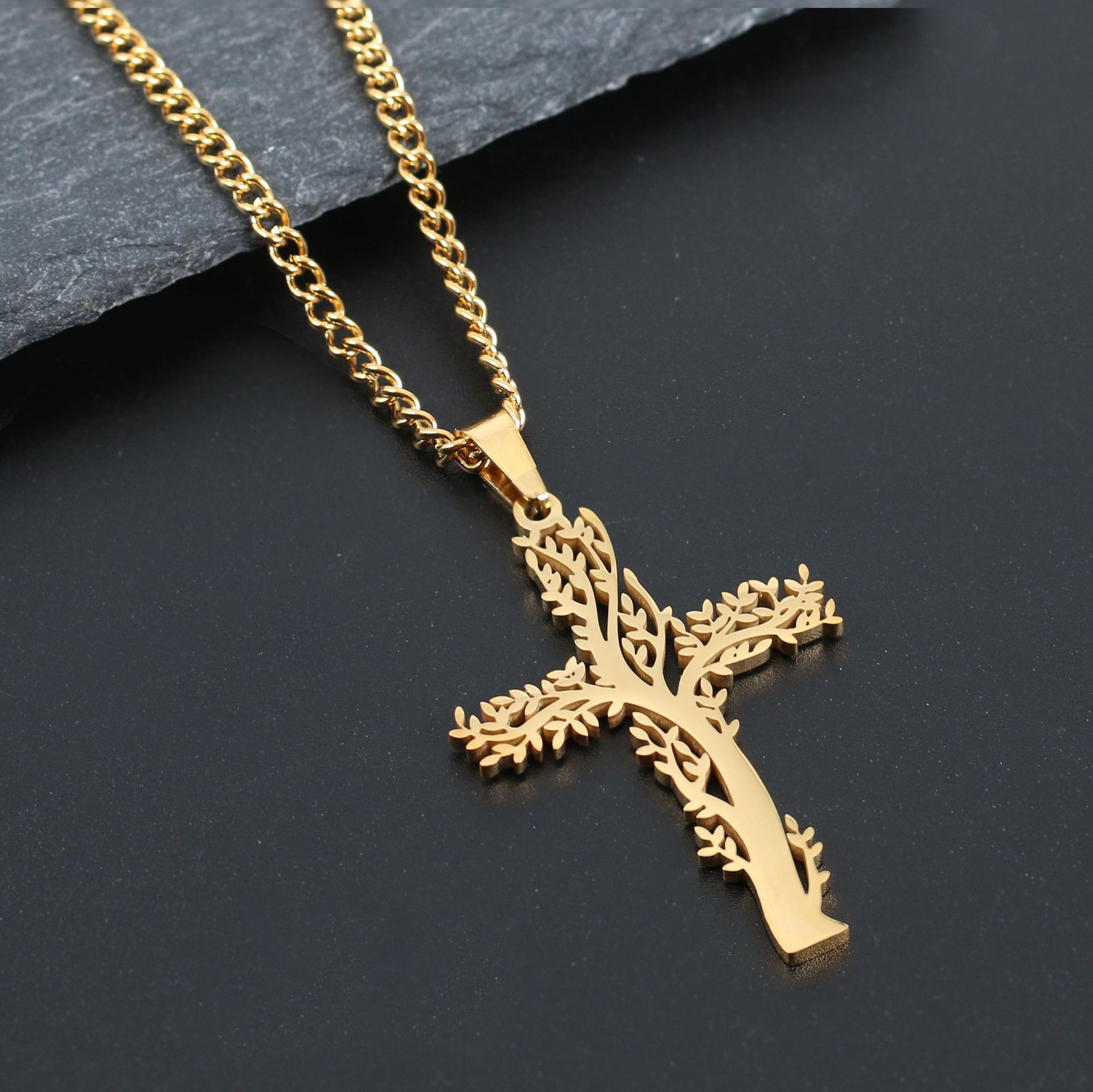 Collier Croix en Acier Inoxydable pour Femme et Homme, Plaqué Or et Noir, Géométrique Creux, Style Hip Hop, Bijoux Religieux pour Couples_4