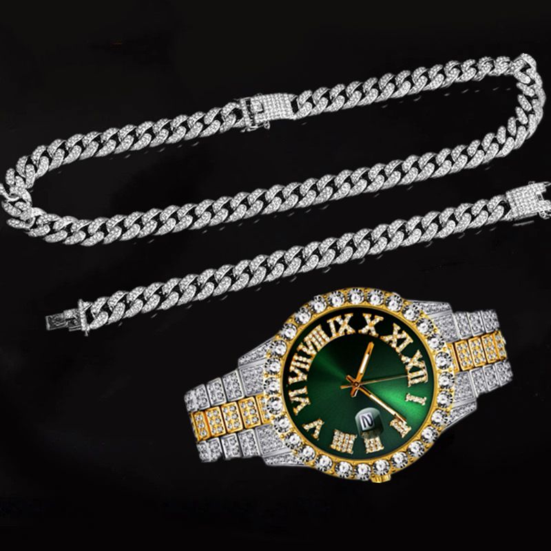 Ensemble de bijoux hip-hop pour hommes avec montre à quartz entièrement sertie de strass - Comprend un collier, un bracelet et un choker sport tendance en alliage_0