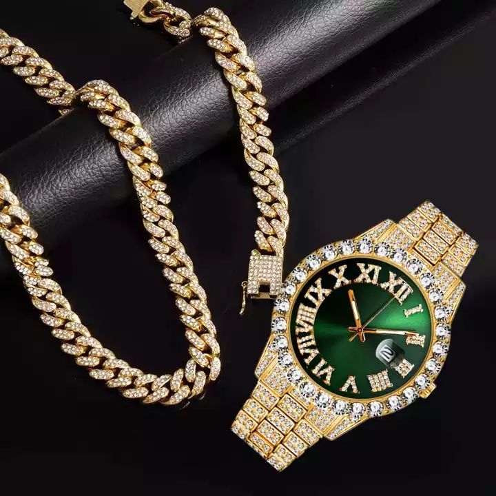 Ensemble de bijoux hip-hop pour hommes avec montre à quartz entièrement sertie de strass - Comprend un collier, un bracelet et un choker sport tendance en alliage_2