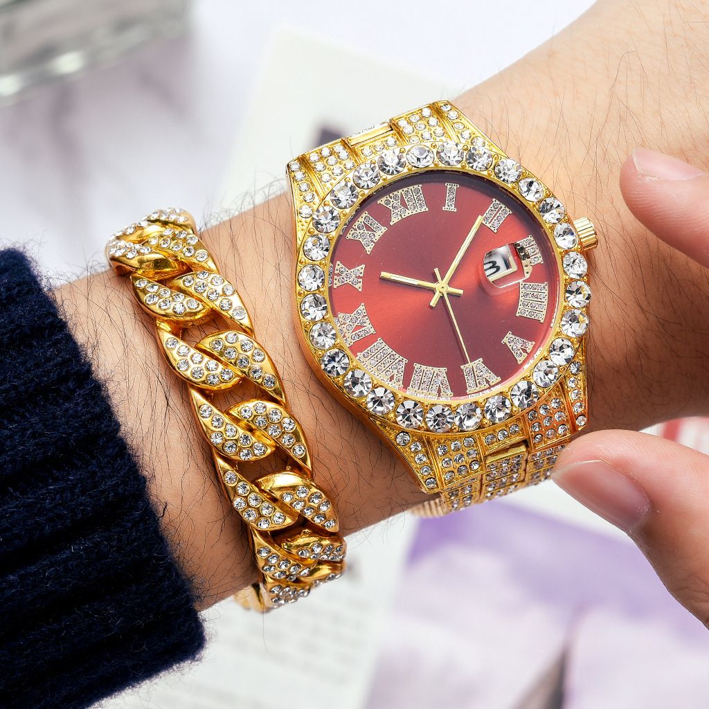 Ensemble de bijoux hip-hop pour hommes avec montre à quartz entièrement sertie de strass - Comprend un collier, un bracelet et un choker sport tendance en alliage_3