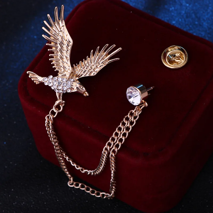 Broche aigle rétro tendance pour homme, Épingle de revers animal avec chaîne et Ailes en strass_3