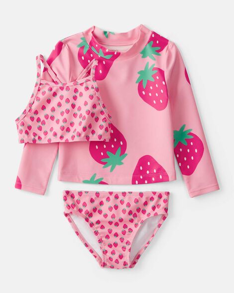 Toddler Girl 3-Piece Strawberry Rashguard Swimsuit Set - Pink_0