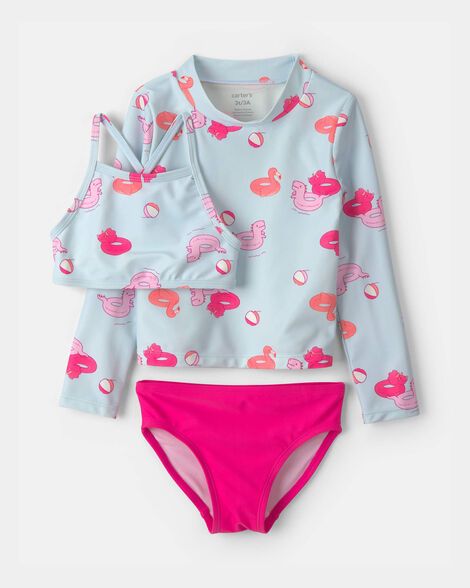 Toddler Girl Pool Float 3-Piece Rashguard Swimsuit Set - Blue/Pink_0