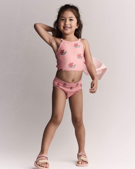 Toddler Girl Smocked Tankini in Floral Print - Pink_0