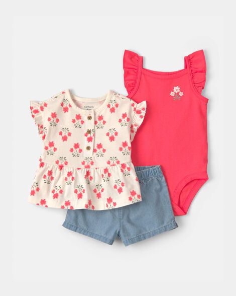 Baby Girl 3-Piece Floral Top & Short Set_0