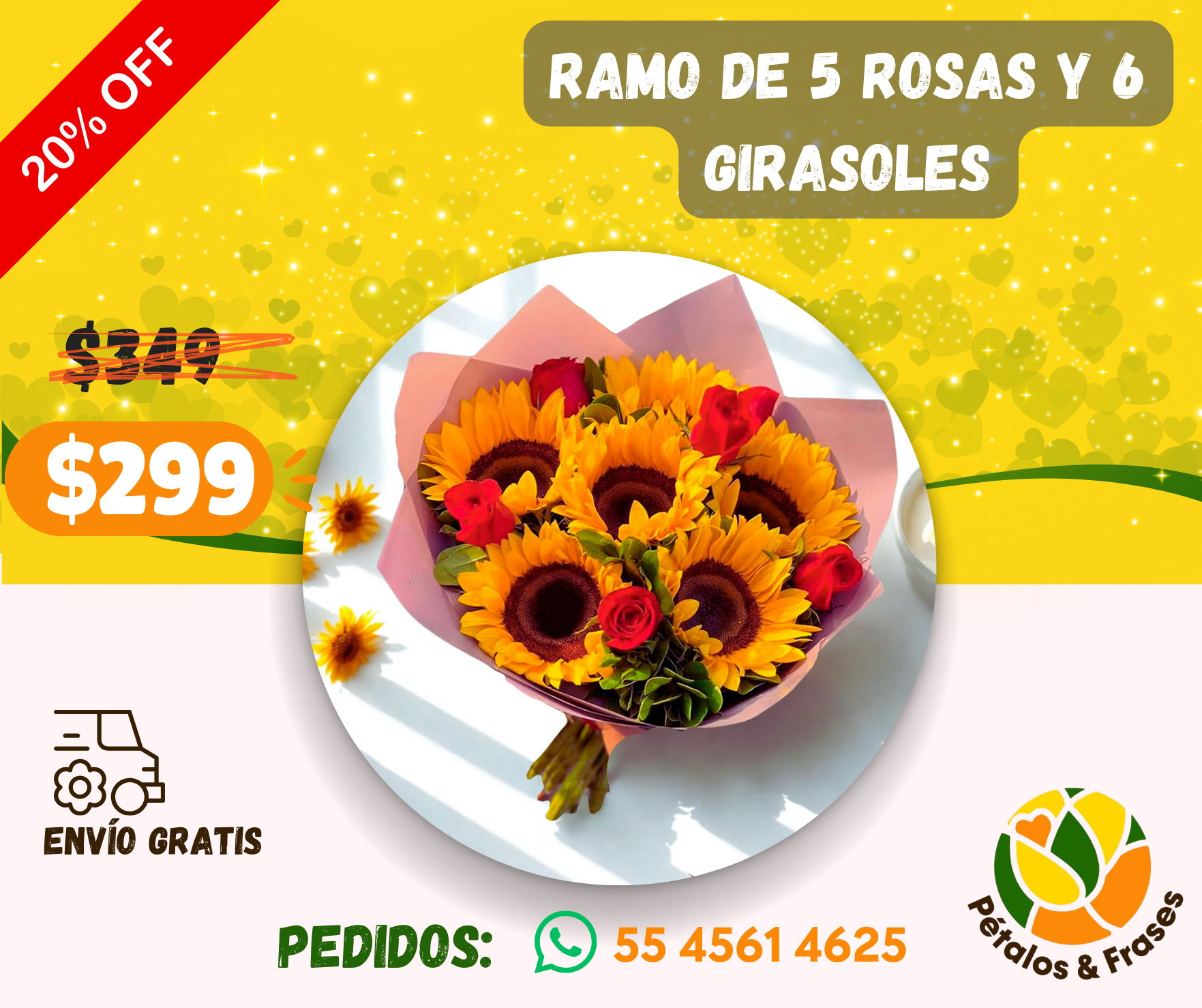 Ramo de 5 rosas y 6 girasoles_0