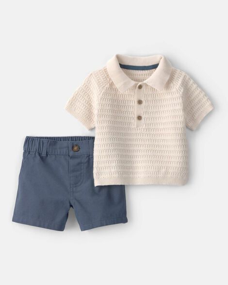 Baby Boy 2-Piece Collared Shirt & Short Set - Cream/Blue_0