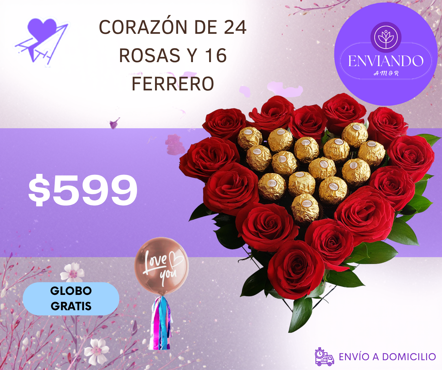 CORAZÓN DE 24 ROSAS Y 16 FERRERO_0