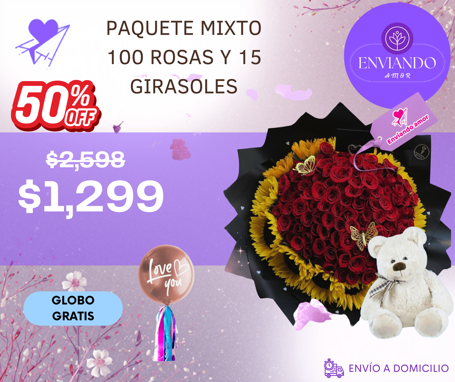 PAQUETE MIXTO 100 ROSAS Y 15 GIRASOLES_0