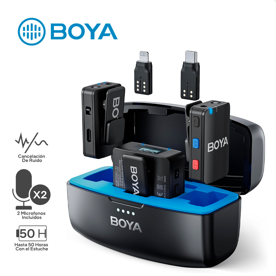 BOYA BOYAMIC / MICROFONO INALAMBRICO / 2 MICROFONOS / BOTON REC-GRABAR / MEMORIA INTERNA 8GB / 300M DE ALCANCE / CANCELACION DE RUIDO / USB C / LIGTHING_0