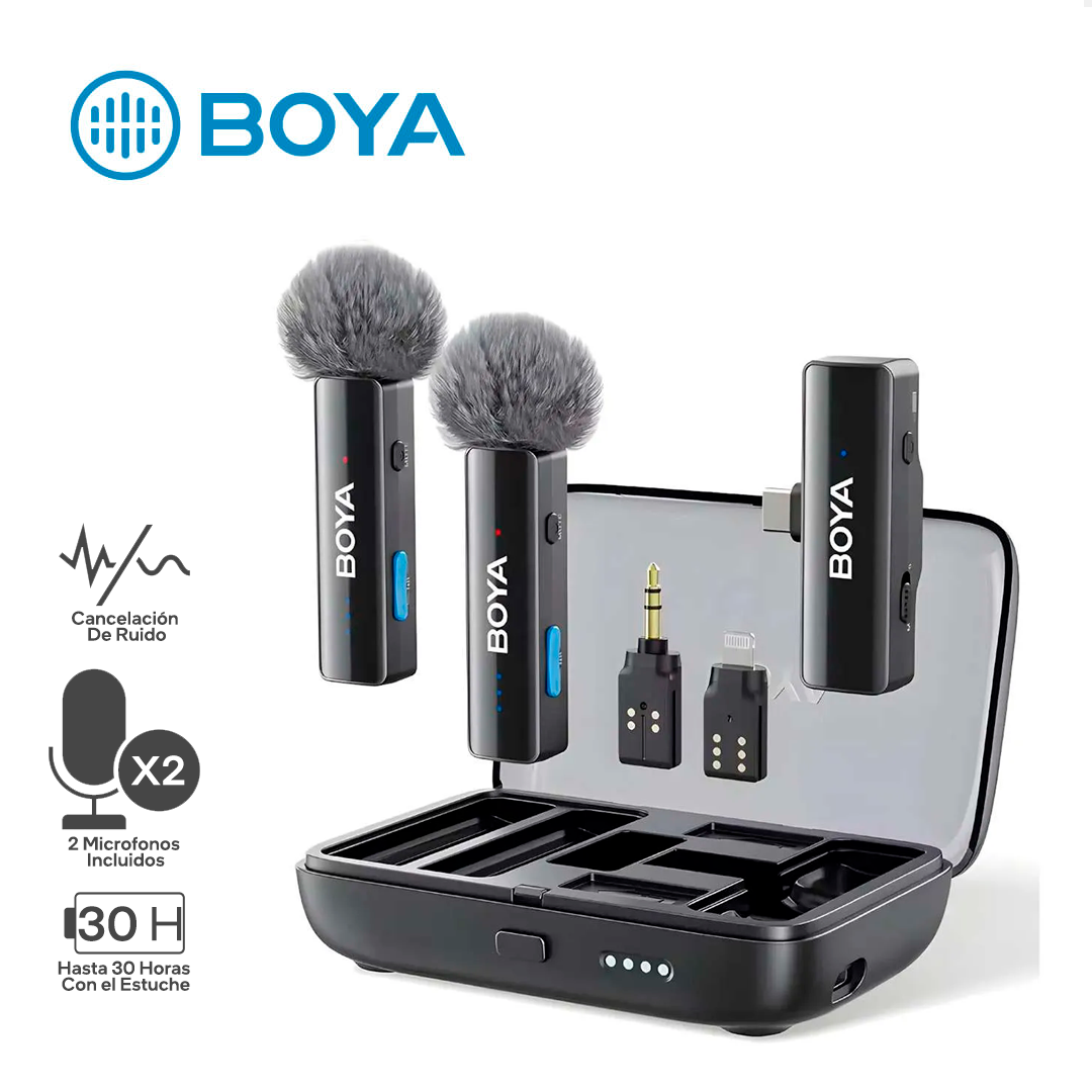 BOYA BOYALINK V2.0 / MICROFONO INALAMBRICO / 2 MICROFONOS / 300M DE ALCANCE / CANCELACION DE RUIDO NIVEL 2 / USB C / LIGTHING / JACK 3.5_0